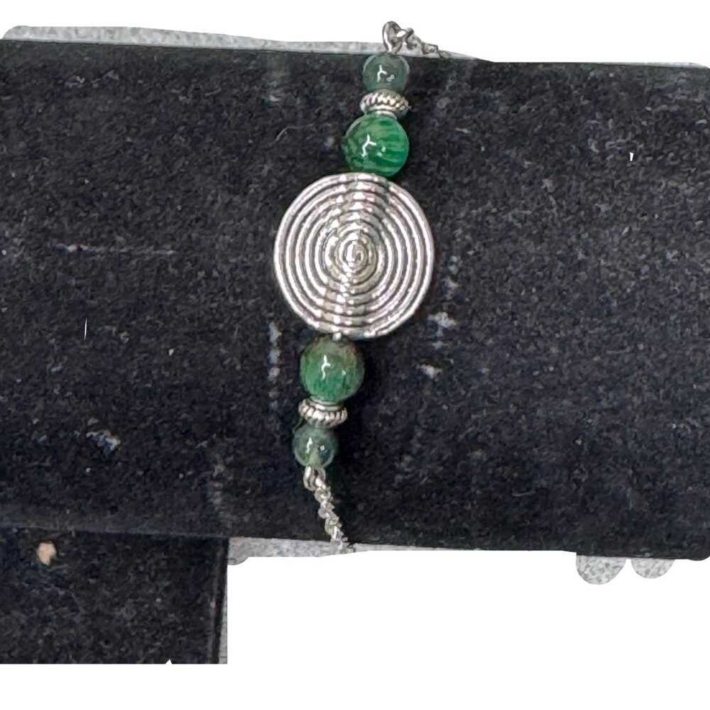 Italy Sterling Silver 925 Bracelet Green Agate Stone Beads Spiral Modernist MCM